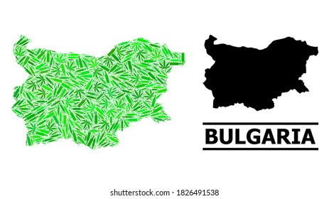 Drugs mosaic and solid map of Bulgaria. Vector map of Bulgaria is designed of scattered inoculation icons, weed and alcohol bottles. Abstract territorial plan in green colors for map of Bulgaria.