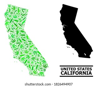 Drugs mosaic and solid map of California. Vector map of California is formed of scattered vaccine symbols, dope and wine bottles. Abstract territory scheme in green colors for map of California.
