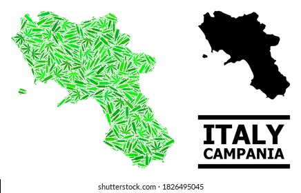 Drugs mosaic and solid map of Campania region. Vector map of Campania region is created of randomized vaccine doses, hemp and alcoholic bottles.