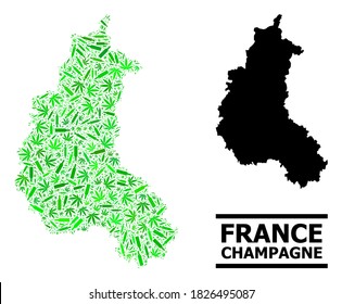Drugs mosaic and solid map of Champagne Province. Vector map of Champagne Province is designed with scattered injection needles, addict and wine bottles.