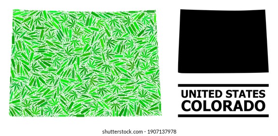 Drugs mosaic and solid map of Colorado State. Vector map of Colorado State is organized of scattered vaccine doses, marijuana and alcohol bottles.
