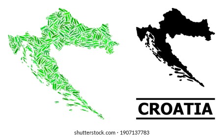 Mosaico de drogas y mapa sólido de Croacia. El mapa vectorial de Croacia está organizado a partir de símbolos de vacunas aleatorias, dopas y botellas de vino. Resumen del esquema territorial en colores verdes para el mapa de Croacia.