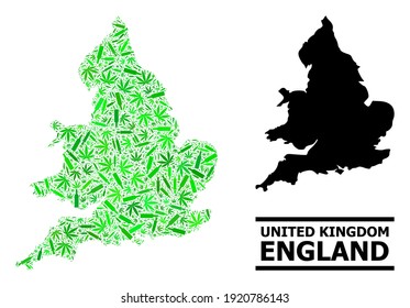Drogen Mosaik und solide Karte von England. Die englische Vektorkarte besteht aus randomisierten Impfstoffsymbolen, Süchtigen- und Alkoholflaschen. Abstraktes territoriales Schema in grünen Farben für Karte von England.