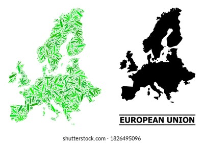 Drugs mosaic and solid map of Euro Union. Vector map of Euro Union is created from randomized vaccine symbols, herb and alcohol bottles.
