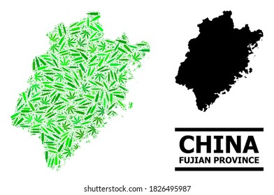 Mosaico de drogas y mapa sólido de la provincia de Fujian. El mapa vectorial de la provincia de Fujian está formado por dosis aleatorias de vacunas, marihuana y botellas alcohólicas.