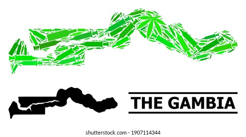 Drogen Mosaik und solide Karte des Gambia. Die Vektorkarte des Gambia besteht aus randomisierten Inokulationssymbole, Ganja- und Weinflaschen. Abstraktes geografisches Schema in grünen Farben für die Karte von Gambia.