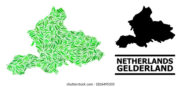 Drugs mosaic and solid map of Gelderland Province. Vector map of Gelderland Province is done of randomized vaccine symbols, hemp and drink bottles.