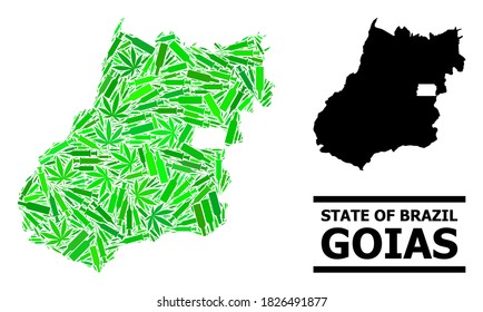 Drugs mosaic and solid map of Goias State. Vector map of Goias State is made from scattered syringes, weed and alcoholic bottles. Abstract territory plan in green colors for map of Goias State.