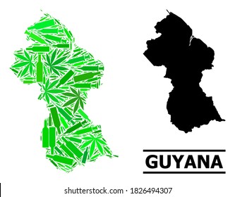 Drogen Mosaik und solide Karte von Guyana. Die Vektorkarte von Guyana ist mit verstreuten Impfstoffsymbolen, Marihuana und Weinflaschen geformt. Abstrakter territorialer Plan in grünen Farben für Karte von Guyana.