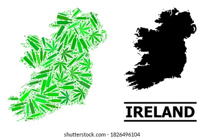 Mosaico de drogas y mapa sólido de la isla de Irlanda. El mapa vectorial de la Isla de Irlanda está formado por dosis aleatorias de vacunas, botellas narcóticas y alcohólicas.
