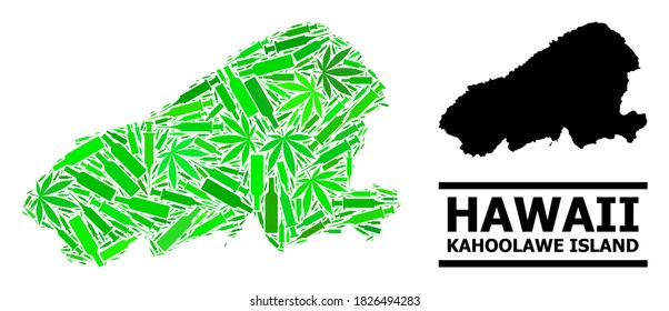 Drogen Mosaik und solide Karte der Insel Kahoolawe. Die Vektorkarte von Kahoolawe Island ist mit verstreuten Impfdosen, Marihuana und Getränkedosen konstruiert.