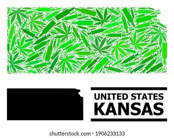 Drugs mosaic and solid map of Kansas State. Vector map of Kansas State is formed of scattered syringes, dope and alcoholic bottles. Abstract territory scheme in green colors for map of Kansas State.