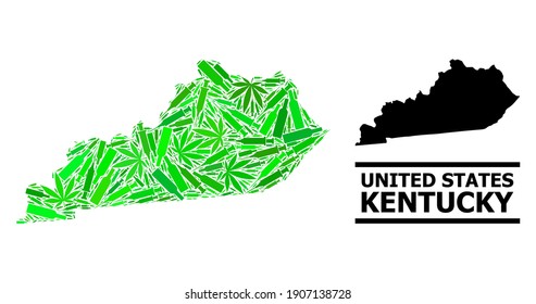Mosaico de drogas y mapa sólido del estado de Kentucky. El mapa vectorial del estado de Kentucky tiene forma con jeringas al azar, cáñamo y botellas de alcohol. Resumen de plan geográfico en colores verdes para el mapa del estado de Kentucky.