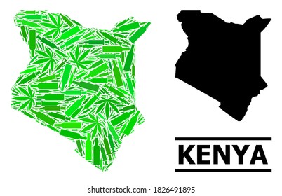 Drugs mosaic and solid map of Kenya. Vector map of Kenya is made of random injection needles, hemp and alcohol bottles. Abstract territory scheme in green colors for map of Kenya.