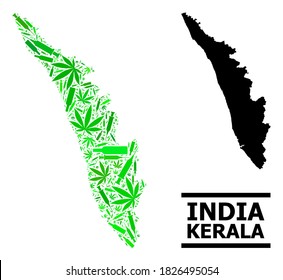 Mosaico de drogas y mapa sólido del estado de Kerala. El mapa vectorial del estado de Kerala está construido con símbolos dispersos de la vacuna, hierba y botellas de bebida.