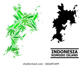 Drogen Mosaik und solide Karte der Komodo Insel. Die Vektorkarte von Komodo Island wird aus zufälligen Spritzen, Kräuterflaschen und Alkoholflaschen erstellt.