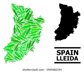 Drugs mosaic and solid map of Lleida Province. Vector map of Lleida Province is shaped with randomized injection needles, narcotic and alcohol bottles.