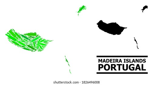 Drugs mosaic and solid map of Madeira Islands. Vector map of Madeira Islands is created with random vaccine doses, ganja and wine bottles.