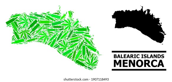 Mosaico de drogas y mapa sólido de la isla de Menorca. Mapa vectorial de la Isla de Menorca se forma con símbolos de vacuna al azar, cáñamo y botellas de bebida.