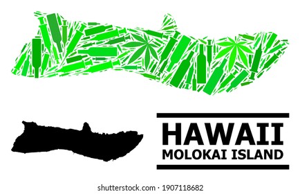 Mosaico de drogas y mapa sólido de la isla Molokai. El mapa vectorial de la isla de Molokai está hecho de dosis aleatorias de vacunas, narcóticos y botellas de bebidas.