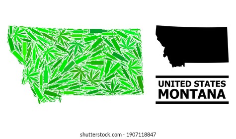 Drugs mosaic and solid map of Montana State. Vector map of Montana State is composed with randomized inoculation icons, hemp and alcoholic bottles.