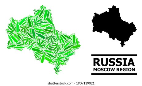 Drogenmosaik und solide Karte der Moskauer Region. Die Vektorkarte der Moskauer Region ist aus verstreuten Impfstoffsymbolen, Hanf- und Trinkflaschen geformt.