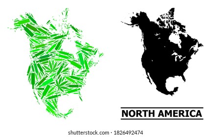 Drugs mosaic and solid map of North America. Vector map of North America is made with random vaccine symbols, cannabis leaves and alcoholic bottles.