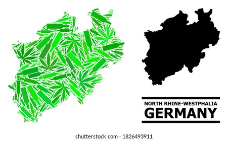 Drugs mosaic and solid map of North Rhine-Westphalia State. Vector map of North Rhine-Westphalia State is shaped of scattered vaccine symbols, herb and wine bottles.