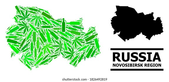 Drugs mosaic and solid map of Novosibirsk Region. Vector map of Novosibirsk Region is formed from random injection needles, cannabis leaves and alcohol bottles.