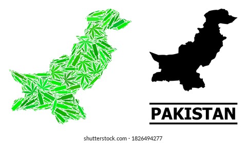 Drogenmosaik und solide Karte von Pakistan. Die Vektorkarte Pakistans besteht aus randomisierten Ikonen, Cannabisblättern und Weinflaschen.