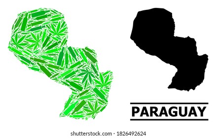 Drugs mosaic and solid map of Paraguay. Vector map of Paraguay is shaped with random injection needles, dope and alcohol bottles. Abstract territory plan in green colors for map of Paraguay.