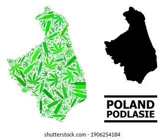 Drogen Mosaik und solide Karte der Provinz Podlasie. Die Vektorkarte der Provinz Podlasie besteht aus zufälligen Impfstoffdosen, Ganja- und Weinflaschen.