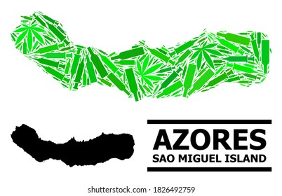 Drugs mosaic and solid map of Sao Miguel Island. Vector map of Sao Miguel Island is shaped from random inoculation icons, cannabis and drink bottles.