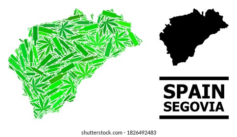 Drogen Mosaik und solide Karte der Provinz Segovia. Die Vektorkarte der Provinz Segovia ist mit randomisierten Inokulationssymbole, Narkotika und Weinflaschen errichtet.