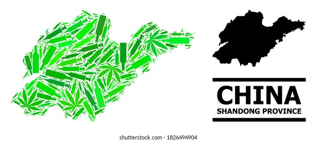 Drugs mosaic and solid map of Shandong Province. Vector map of Shandong Province is designed with random vaccine doses, marijuana and wine bottles.