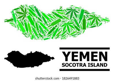 Drugs mosaic and solid map of Socotra Island. Vector map of Socotra Island is composed from scattered vaccine symbols, marijuana and drink bottles.