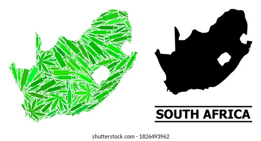 Mosaico de drogas y mapa sólido de la República Sudafricana. El mapa vectorial de la República de Sudáfrica está formado por dosis dispersas de vacunas, botellas de herbolario y alcohol.