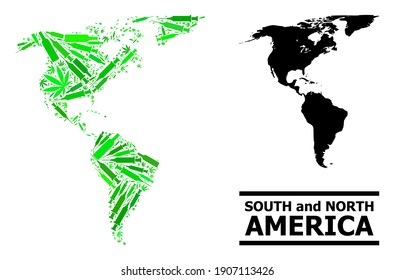 Drugs mosaic and solid map of South and North America. Vector map of South and North America is formed from random syringes, cannabis and drink bottles.