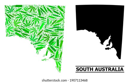 Drugs mosaic and solid map of South Australia. Vector map of South Australia is organized with scattered injection needles, marijuana and wine bottles.