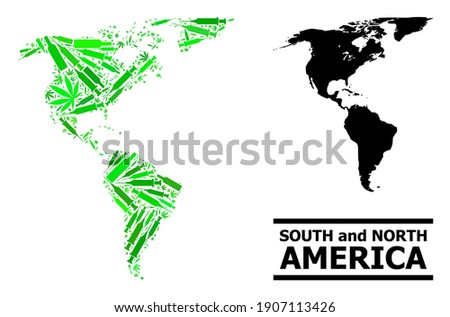 Drugs mosaic and solid map of South and North America. Vector map of South and North America is formed from random syringes, cannabis and drink bottles.