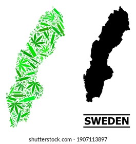 Mosaico de drogas y mapa sólido de Suecia. El mapa vectorial de Suecia se compone de íconos de inoculación aleatorizados, marihuana y botellas de bebida. Esquema de territorio abstracto en colores verdes para el mapa de Suecia.