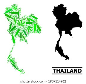 Mosaico de drogas y mapa sólido de Tailandia. El mapa vectorial de Tailandia está diseñado con jeringas aleatorias, hojas de cannabis y botellas de vino. Resumen de plan geográfico en colores verdes para el mapa de Tailandia.