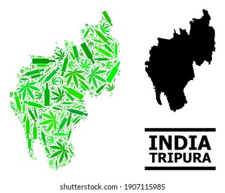 Mosaico de fármacos y mapa sólido del estado de Tripura. El mapa vectorial del estado de Tripura se organiza a partir de íconos de inoculación aleatorizados, ganja y botellas de bebida.