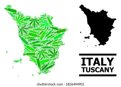 Drugs mosaic and solid map of Tuscany region. Vector map of Tuscany region is done with scattered inoculation icons, addict and wine bottles.