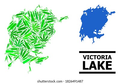 Drogen Mosaik und solide Karte des Victoria Lake. Die Vektorkarte des Viktoriasee ist mit zufälligen Spritzen, Betäubungsmitteln und Weinflaschen organisiert.