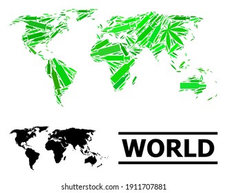 Mosaico de drogas y mapa sólido del mundo. El mapa vectorial del mundo está hecho con jeringas dispersas, botellas de hierbas y alcohol. Resumen de esquema geográfico en colores verdes para el mapa del mundo.