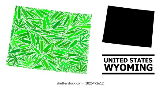 Drogen Mosaik und solide Karte des Wyoming State. Die Vektorkarte des Wyoming State besteht aus verstreuten Spritzen, Betäubungsmitteln und Weinflaschen.