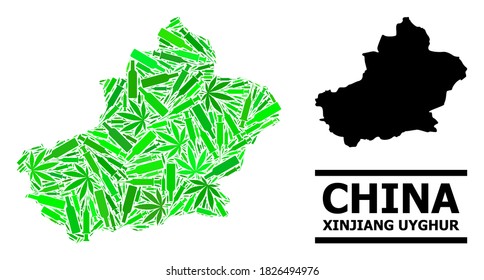 Drugs mosaic and solid map of Xinjiang Uyghur Region. Vector map of Xinjiang Uyghur Region is composed from scattered vaccine doses, cannabis leaves and alcohol bottles.