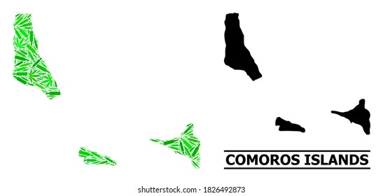 Drugs mosaic and usual map of Comoros Islands. Vector map of Comoros Islands is done with random inoculation icons, narcotic and alcoholic bottles.