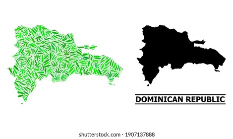 Drugs mosaic and usual map of Dominican Republic. Vector map of Dominican Republic is formed of randomized vaccine symbols, ganja and drink bottles.